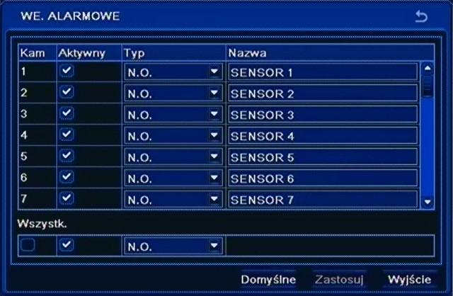 NDR-BA3208 i NDR-BA3416 Instrukcja obsługi wer.1.1 KONFIGURACJA REJESTRATORA 5.1.5.1.1. Wejścia alarmowe Po wybraniu z menu WEJŚCIA ALARMOWE pozycji WEJŚCIA ALARMOWE pojawi się poniższy ekran.