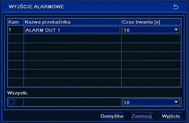 NDR-BA3208 i NDR-BA3416 Instrukcja obsługi wer.1.1 KONFIGURACJA REJESTRATORA 5.1.5.5. Wyjście alarmowe Po wybraniu z menu ALARM pozycji WYJŚCIE ALARMOWE pojawi się poniższy ekran.