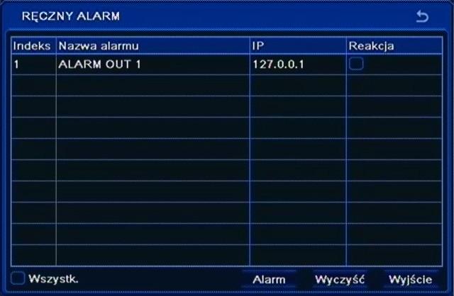 NDR-BA3208 i NDR-BA3416 Instrukcja obsługi wer.1.1 KONFIGURACJA REJESTRATORA 5.3. Ręczny alarm Po wybraniu z MENU GŁÓWNE pozycji RĘCZNY ALARM pojawi się poniższy ekran.