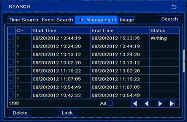 NDR-BA3208,NDR-BA3416 User s manual ver.1.1 RECORDER S MENU FILE MANAGEMENT tab allows to manage file list contains recording video from cameras.