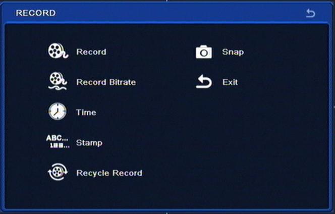 NDR-BA3208,NDR-BA3416 User s manual ver.1.1 RECORDER S CONFIGURATION 5.1.3. Record Selecting RECORD from the SETUP menu displays the following screen: RECORD menu contains 7 items: RECORD, RECORD BITRATE, TIME, STAMP, RECYCLE RECORDS, SNAP, EXIT.