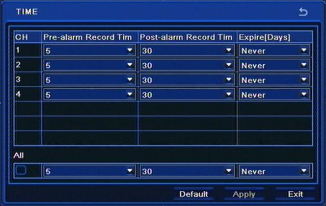 NDR-BA3208,NDR-BA3416 User s manual ver.1.1 RECORDER S CONFIGURATION 5.1.3.3. Time Selecting TIME from the RECORD menu displays the following screen.