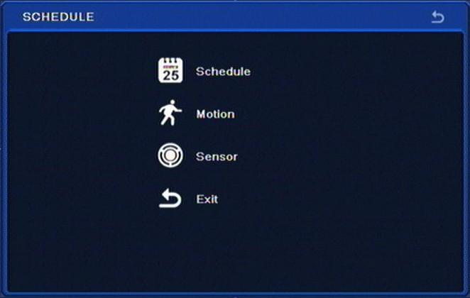RECORDER S CONFIGURATION NDR-BA3208,NDR-BA3416 User s manual ver.1.1 5.1.4. Schedule Selecting SCHEDULE from the SETUP menu displays the following screen: DVR conducts recording in accordance with defined schedules.