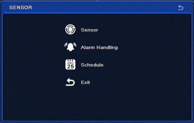 to a variety of events. Menu contains items: SENSOR, MOTION, VIDEO LOSS, OTHER ALARM, ALARM OUT, EXIT. 5.1.