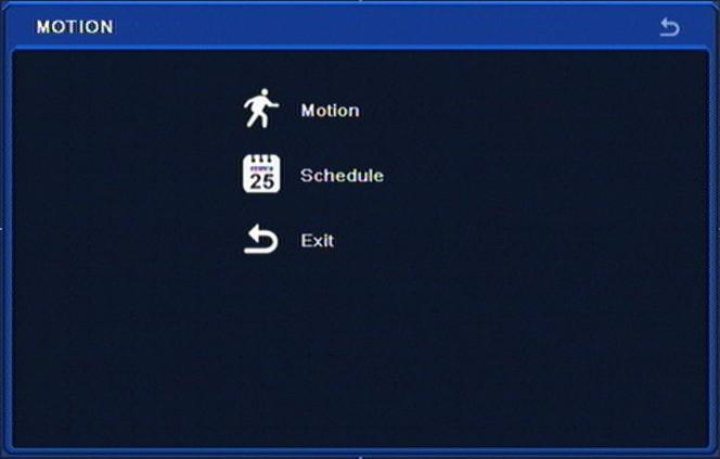 NDR-BA3208,NDR-BA3416 User s manual ver.1.1 RECORDER S CONFIGURATION 5.1.5.2. Motion Selecting MOTION from the ALARM menu displays the following screen: MOTION menu contains 3 items: MOTION, SCHEDULE, EXIT 5.
