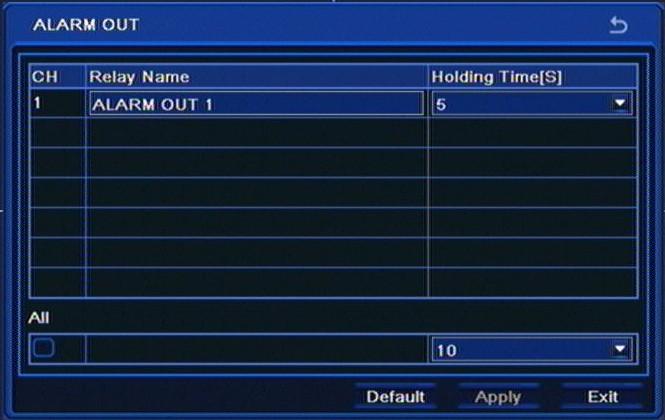 Holding time allows to set alarm output activation time, ranging from 5 seconds to 2 minutes (or continuous).