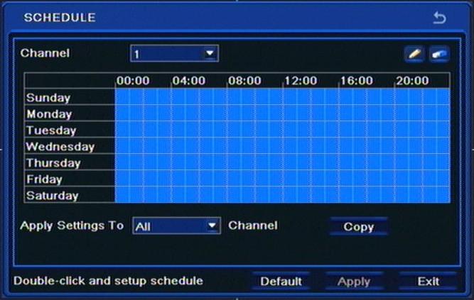 NDR-BA3208,NDR-BA3416 User s manual ver.1.1 RECORDER S CONFIGURATION 5.1.5.5.2. Schedule Selecting SCHEDULE from the ALARM OUT displays the following screen: Draw a desired motion-triggered recording schedule using Pencil and Rubber icons.