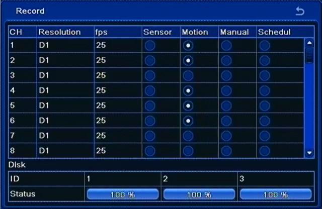 NDR-BA3208,NDR-BA3416 User s manual ver.1.1 RECORDER S CONFIGURATION 5.2.6. Record Selecting RECORD from the INFORMATION menu displays the following screen: This window contains information about recording settings and used space on each hard drive.