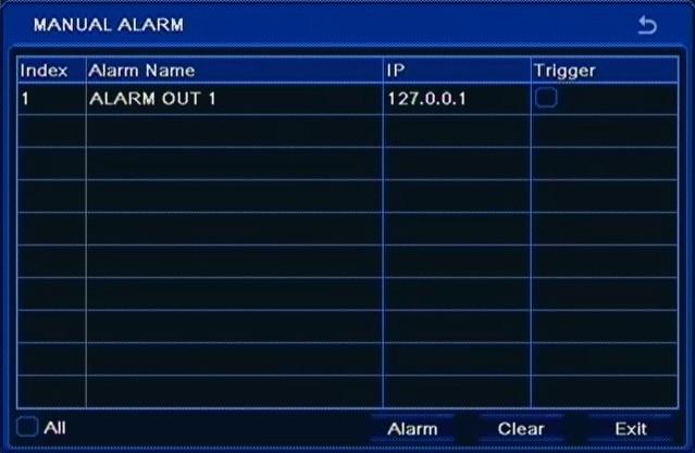 RECORDER S CONFIGURATION NDR-BA3208,NDR-BA3416 User s manual ver.1.1 5.3. Manual alarm Selecting MANUAL ALARM from the MAIN MENU displays the following screen.