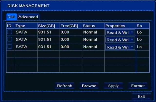 Disk management Selecting the DISK MANAGEMENT in the MAIN MENU displays the following screen: This window displays basic information about HDD, Size of the disk and Free (both expressed in