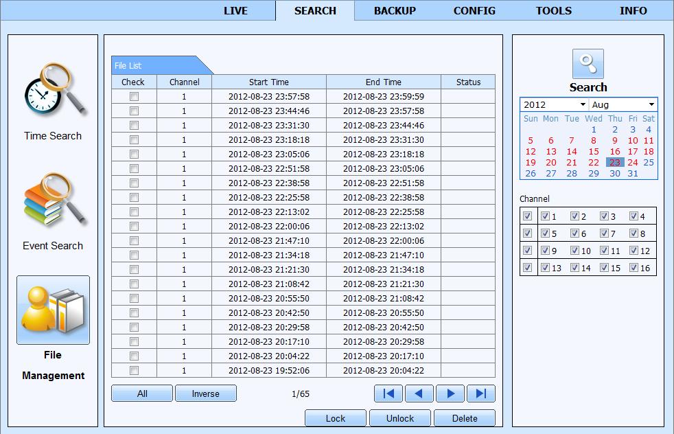 You can search for event only from one specific day at the same time. Double-clicking on an alarm displays playback from camera associated with that event.