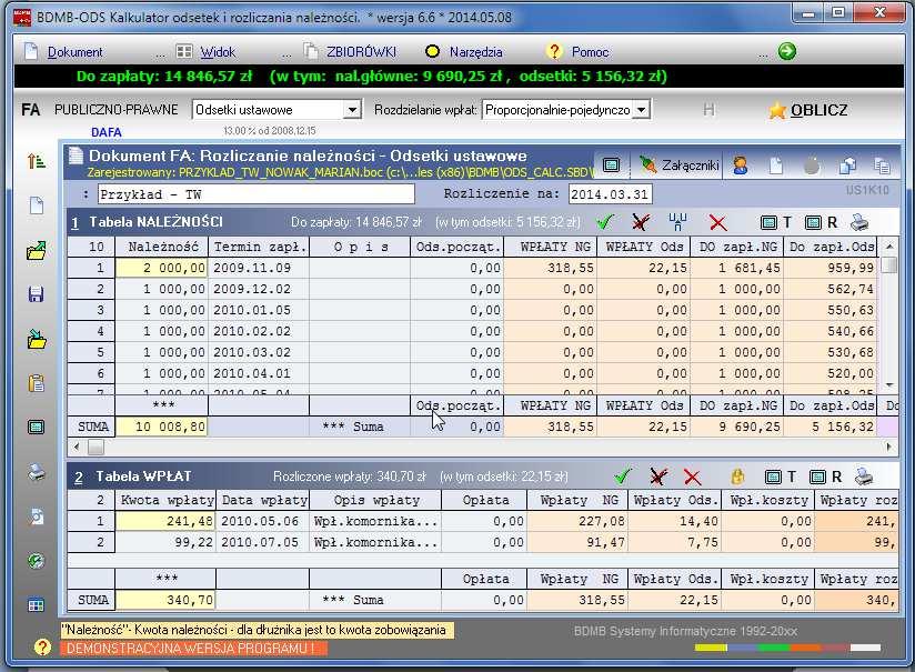 4.0 Kalkulator odsetek i rozliczania należności. TABELA NALEŻNOŚCI TABELA WPŁAT Rys.4.0.1 Okno kalkulatora odsetek i rozliczania należności z wprowadzonymi danymi dokumentu zawierającego rozliczenie 10 należności (tabela należności) wpłatami znajdującymi się w tabeli wpłat.