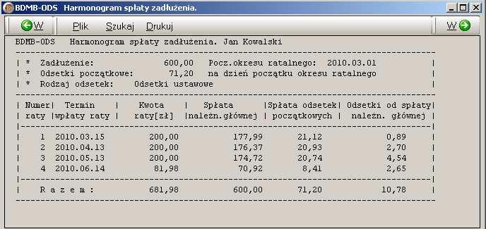 Rys.4.3.3.1.1 Okno parametrów zawierające przykładowe dane do sporządzenia harmonogramu spłat o ratach w wysokości 200 zł.