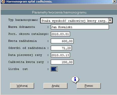 Przy założonej kwocie raty w wysokości 200 zł liczba rat wynosi 4, przy czym kwota ostatniej raty wynosi 81.98 zł.