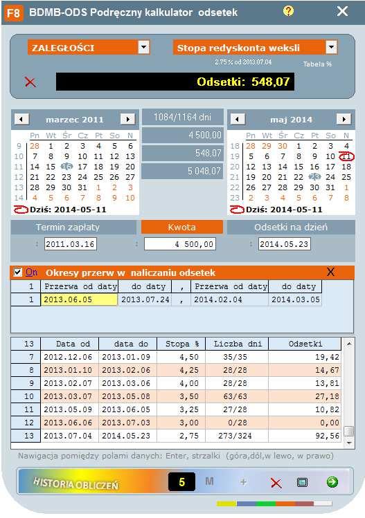 2.0 Podręczny kalkulator odsetek. Dla obliczania odsetek dla pojedynczych należności wygodniej jest posłużyć się podręcznym kalkulatorem, który wywoływany jest przy pomocy klucza funkcyjnego F8.