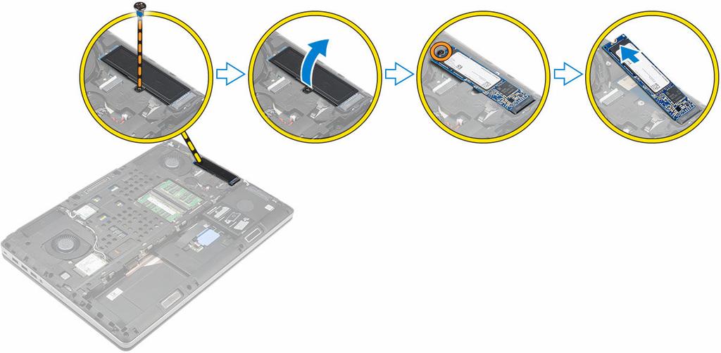 d. Wyjmij dysk M.2 SSD z komputera. Instalowanie dysku M.2 SSD 1. Umieść dysk M.2 SSD w gnieździe. 2. Dociśnij śrubę mocującą dysk M2. SSD do komputera. 3. Umieść osłonę na dysku M.2 SSD. 4.