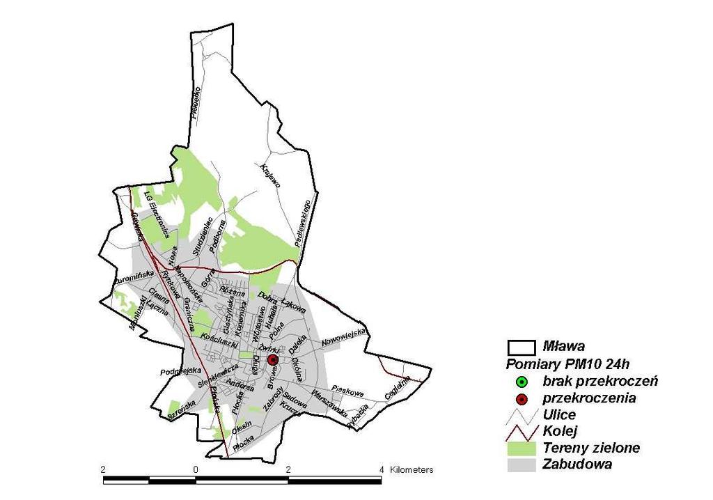 Załącznik graficzny nr 5 do uzasadnienia programu ochrony powietrza dla strefy powiat mławski LOKALIZACJA STACJI POMIAROWYCH POZIOMÓW PYŁU ZAWIESZONEGO PM10 W POWIETRZU, NA KTÓRYCH POMIARY WYKONYWANE