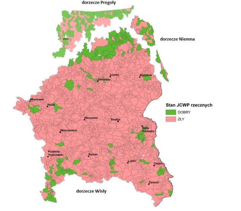 Poniższy rysunek przedstawia stan JCWP w dorzeczach Wisły, Niemna i Pregoły. Stan JCWP na terenie powiatu augustowskiego w większości określono jako dobry. Rysunek 6.