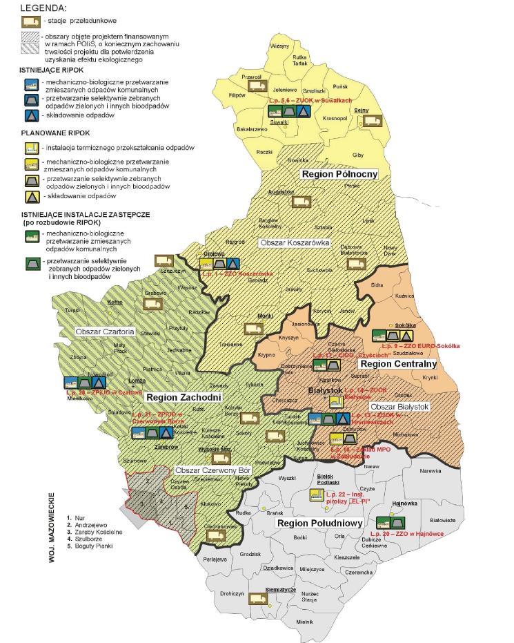 Rysunek 14. Lokalizacja poszczególnych regionów gospodarowania odpadami komunalnymi w województwie podlaskim. Źródło: Plan Gospodarki Odpadami Województwa Podlaskiego na lata 2012-2017.