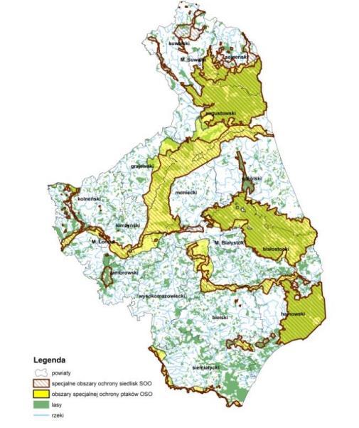 Na ternie Powiatu Augustowskiego zlokalizowano 5 obszarów należących do Europejskiej Sieci Ekologicznej Natura 2000: - obszary SOO - specjalne obszary ochrony siedlisk, zaliczające się do typu K