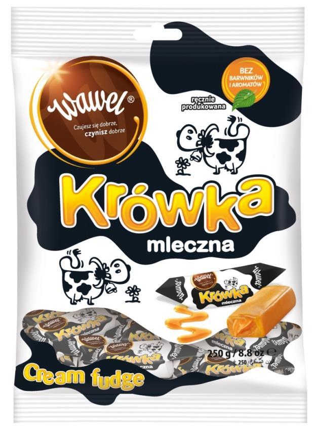 6. Torebka Krówka 250g Pomadki niekrystaliczne mleczne. Składniki: cukier, syrop glukozowy, mleko w proszku odtłuszczone (14%), masło (z mleka).