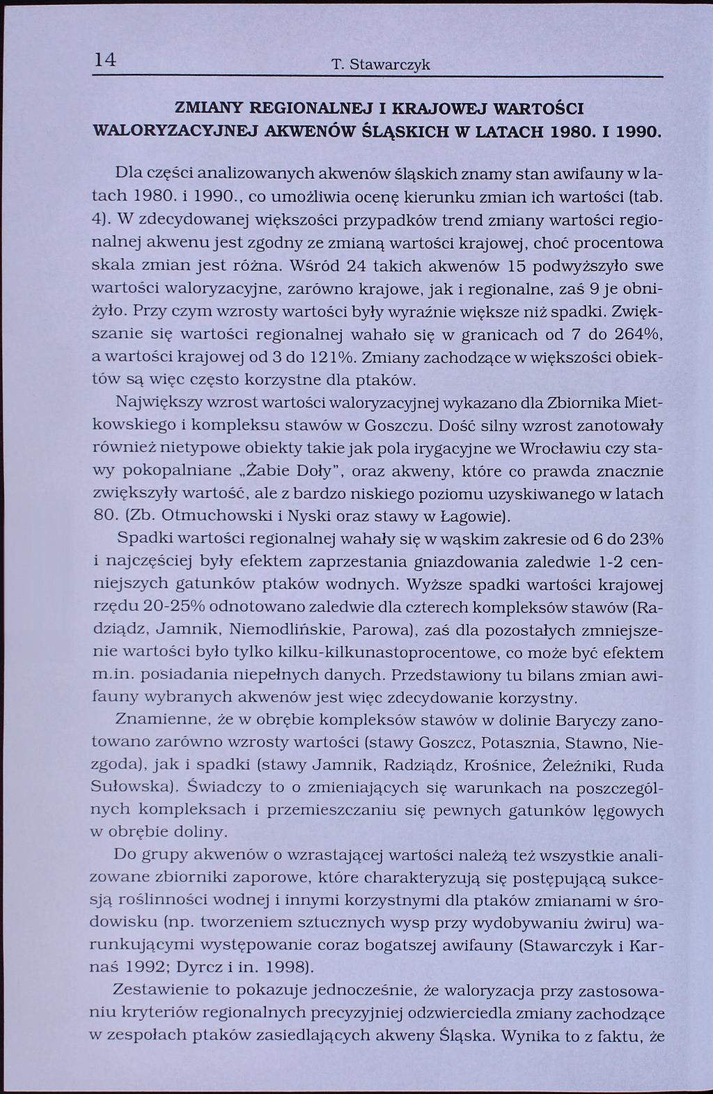 14 T. tawarczyk ZMIANY REGIONALNEJ I KRAJOWEJ WARTOŚCI WALORYZACYJNEJ AKWENÓW ŚLĄKICH W LATACH 1980. ł 1990. Dla części analizowanych akwenów śląskich znamy stan awifauny w latach 1980. i 1990.