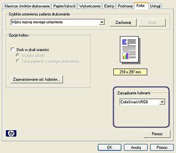 Exif Print 3 Z listy rozwijanej Zarządzanie kolorami wybierz jedną z pozycji: ColorSmart/sRGB: ColorSmart/sRGB to odpowiednia opcja dla większości zadań drukowania.
