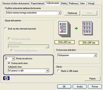 Aby wydrukować kilka stron dokumentu na jednym arkuszu papieru, należy wykonać następujące czynności: 1 Otwórz okno dialogowe Właściwości drukarki. 2 Kliknij kartę Wykończenie.