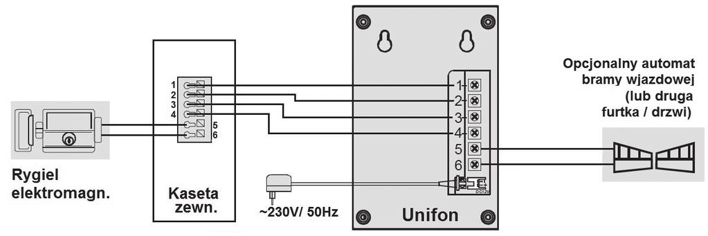 Istnieją 2 możliwości połączenia zestawu z ryglem elektromagnetycznym: - bezpośrednio do kasety zewnętrznej, - bezpośrednio do unifonu.