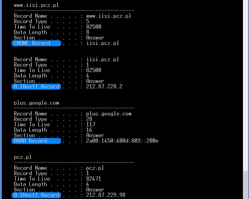 Rysunek 6.2: Wywołanie ipconfig /displaydns z zaznaczonymi typami rekordów DNS 6.2.2 ARP ARP wyświetla i modyfikuje tabelę translacji adresów IP na adresy fizyczne, używane przez protokół rozróżniania adresów (ARP).