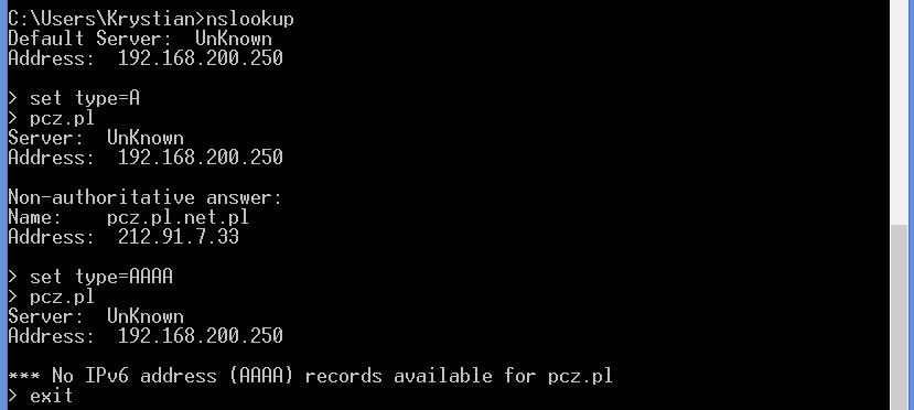 6.3. Przebieg ćwiczenia Instrukcja 6 - ARP i DNS - translacja adresów Rysunek 6.4: Użycie nslookup dla zwrócenia rekordów DNS serwera pcz.pl (typu A oraz AAAA). 6.3 Przebieg ćwiczenia 1.