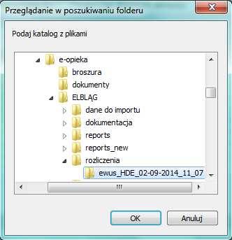 W oknie należy wskazać katalog, do którego zostały wypakowane pliki z potwierdzeniami i zatwierdzić przyciskiem OK.