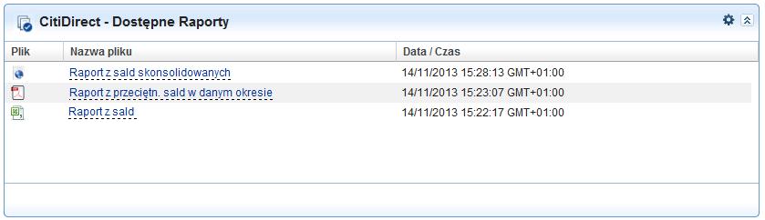 Raporty nowy widżet W tym oknie znajduje się lista wygenerowanych w CitiDirect raportów, z możliwością ich wyświetlenia lub pobrania bezpośrednio z tego miejsca.