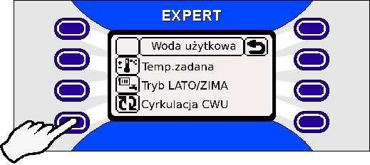 Wejść do ekranu CYRKULACJA C.W.U. wciskając klawisz. Wybrać pracę WEDŁUG PROGRAMU wciskając klawisz. Wcisnąć klawisz przy ikonie tygodniowego cyrkulacji ciepłej wody.