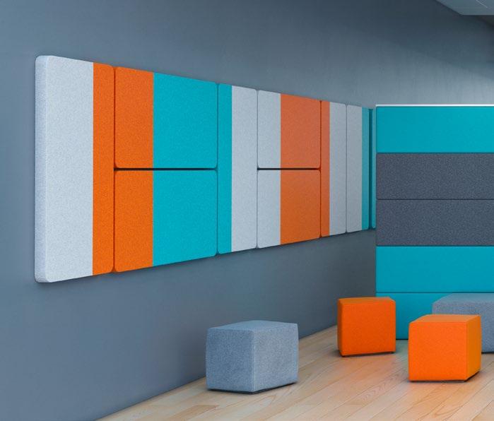 Wall panels Panele ścienne The use of sound-absorbing wall panels not only helps reduce the echo effect in a particular room, but also allows for creating a unique and cosy place that gives employees