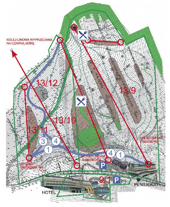 TRASA NR 3-570 m nachylenie stoku: łatwe, w dolnym odcinku średnio trudne przeznaczona dla narciarzy średniozaawansowanych