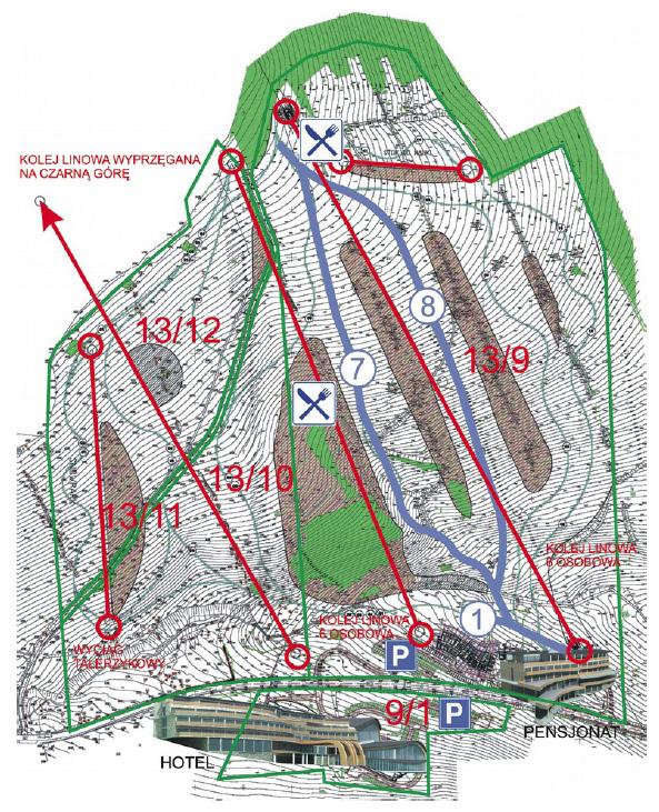 PLANOWANE INWESTYCJE TRASY NARCIARSKIE TRASA NR 7-695 m nachylenie stoku: zróżnicowane - łatwe, średnio trudne, trudne przeznaczona dla