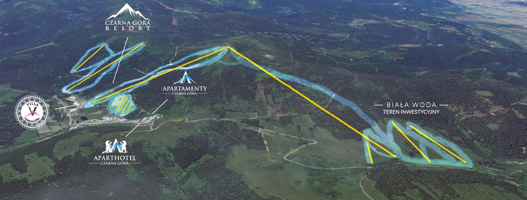 TEREN INWESTYCYJNY OŚRODKA CZARNA GÓRA RESORT W BIAŁEJ WODZIE CZARNA GÓRA RESORT BIAŁA WODA 3 KOLEJE LINOWE 6 WYCIĄGÓW NARCIARSKICH ZJEŻDŻALNIA GRAWITACYJNA FUN PARK DLA DZIECI BAZA HOTELOWA BAZA