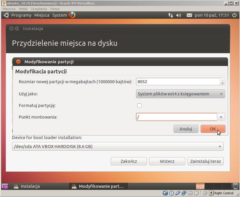 systemu Linux Ubuntu 10.10 w maszynie wirtualnej VirtualBox.