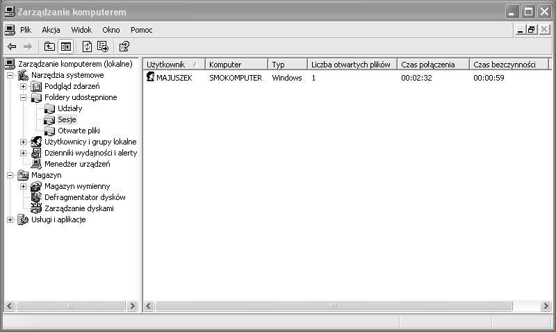 Rozdział 5. Zarządzanie za pomocą konsoli MMC Aby odłączyć użytkownika od udziału (rozłączyć sesję): 1. Uruchom konsolę Zarządzanie komputerem. 2.