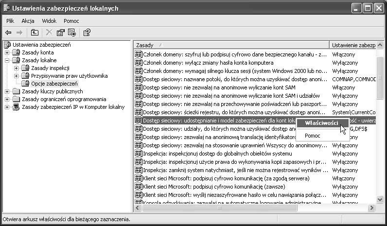 Zarządzanie zasobami Rysunek 5.4. Pełny opis Zasad zabezpieczeń jest dostępny w Pomocy systemu Windows XP. Przed modyfikacją tych zasad zapoznaj się z ich działaniełm Rysunek 5.5. Wybierając model Klasyczny dostępu sieciowego, umożliwiasz użytkownikom z uprawnieniami administracyjnymi podłączanie do zasobów administracyjnych 2.