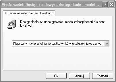 W prawej części okna kliknij prawym klawiszem myszy zasadę Dostęp sieciowy: udostępnianie i model zabezpieczeń dla kont lokalnych, następnie wybierz z menu kontekstowego polecenie Właściwości
