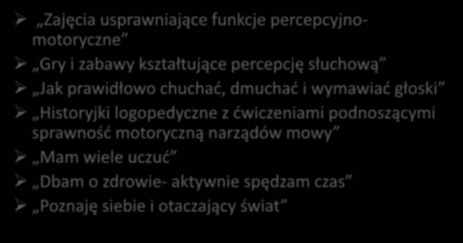 Zajęcia usprawniające funkcje percepcyjnomotoryczne Gry i zabawy kształtujące percepcję słuchową Jak prawidłowo chuchać, dmuchać i wymawiać głoski Historyjki