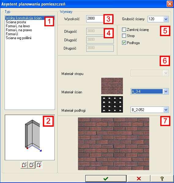 6.3 Zdefiniuj ścianę Podręcznik SelectionProfessional Zaczynamy od funkcji Zdefiniuj ścianę. Asystent aranżacji pomieszczenia posiada różna opcje ustawień: 1. Definicja typu ściany 2.