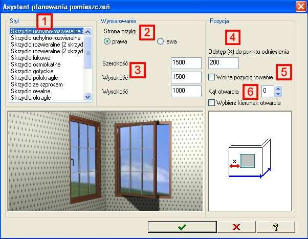 6.4 Zdefiniuj okna / drzwi i sposób otwarcia W obszarze okien, drzwi i sposobów otwierania najpierw wybieramy Stylowe a następnie Wymiary i Punkt odniesienia Poszczególne funkcje zostaną objaśnione