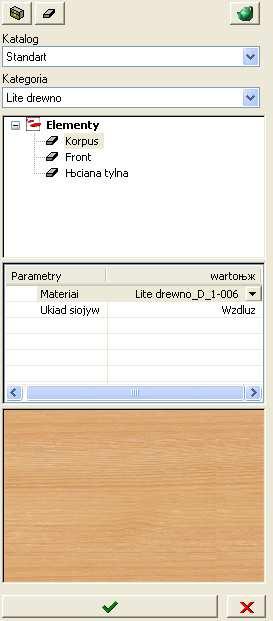 6.15 Materiał 6.15.1 Wybór materiału Podstawy W części CAD można przypisać każdej szafce i elementowi (cokołowi, blatowi roboczemu) przyporządkować różne materiały i powierzchnie.
