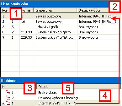 2.3.3 Lista artykułów / wybór z katalogu W kolejnym oknie u góry z prawej strony zostaną wyświetlone w Liście artykułów (1) wszystkie grupy okuć dla danego korpusu.