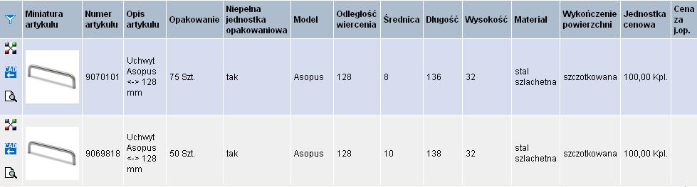 Dla naszego przykładu dokonaliśmy następujących wyborów: Poz. 1 Zawias puszkowy > Ulubione > Intermat 9943 TH Fix Poz. 2 Zawias puszkowy > Ulubione > Intermat 9943 TH Fix Poz.