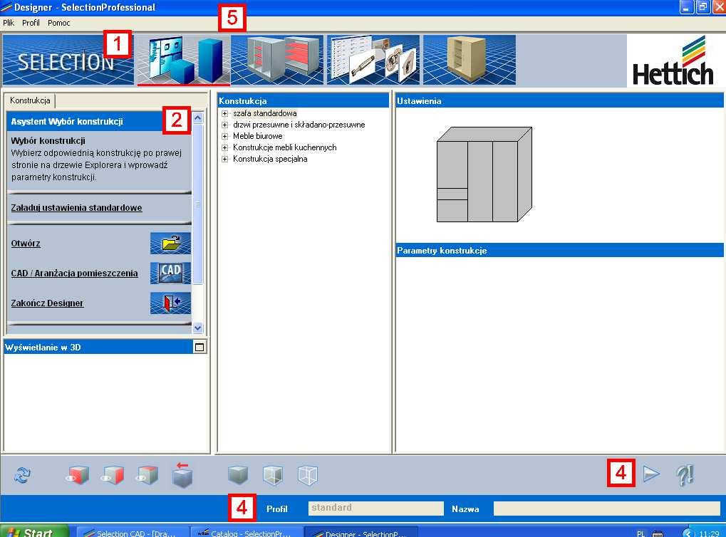 3. Opis funkcji programu Designer 3.1 Struktura ekranu ekran początkowy Ekran programu Designer podzielony jest na różne części, które będą powtarzać się na każdym etapie tworzenia konstrukcji.