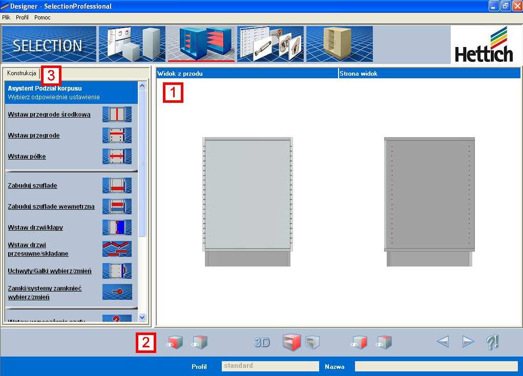 3.2 Struktura ekranu podział korpusu 1) Podgląd Podgląd przedstawia szafkę w widoku 2D z przodu i z boku.